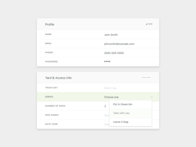 Profile and preferences form UI