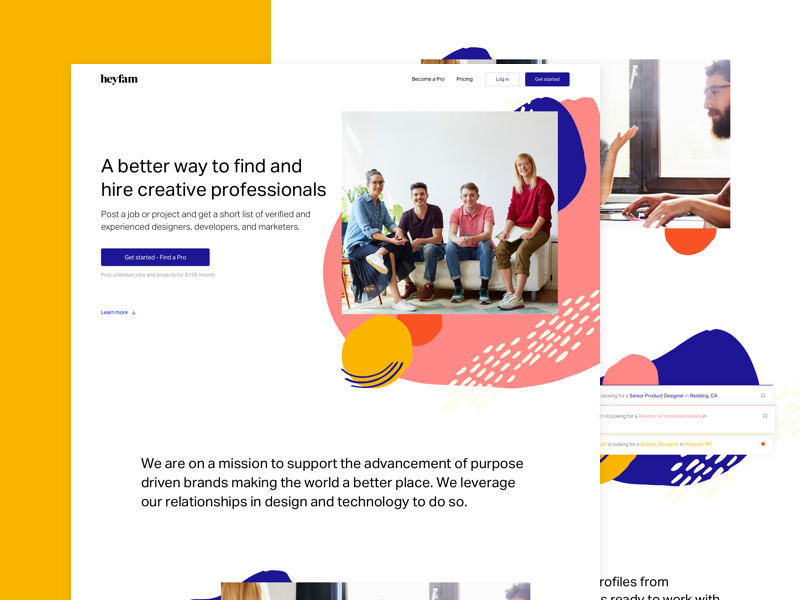 Heyfam landing page product design job board job illustration pattern marketing ux ui landing page