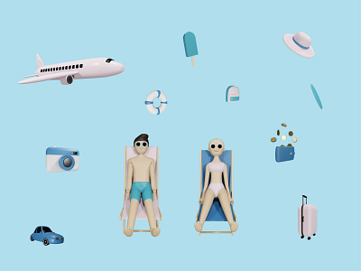 3D Vacation Pack 3d 3d design 3d illustrations airplane backpack beach blender camera car character collection hat holiday ice cream money suitcase sunbathe surfboard vacation wallet
