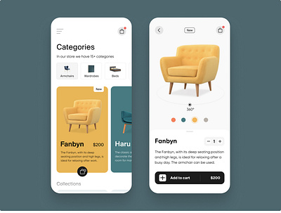 The Furniture E-commerce App 3d app armchairs chair clean design e commerce design ecommerce furniture shop ios item card minimalist mobile online store product design property shop table yellow