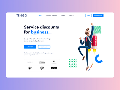 Main page | TENGO — b2b discounts by subsription service branding illustration landing page web design
