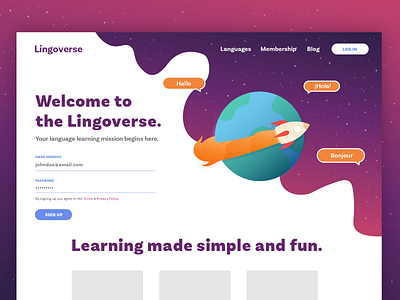 Lingoverse Concept concept dailyui design home page illustrator landing page language learning rocket sign up sign up form sign up page space ui vector web web design