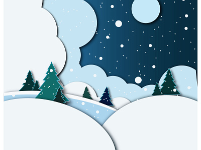 Winter snowy flat with snowdrift, pines, hills and snowflakes. V art design graphic design illustration vector