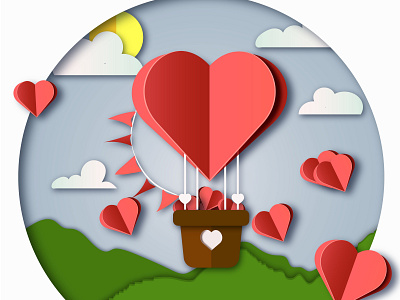 Valentines day , illustration of love , heart balloons flying gr