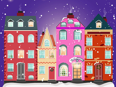 Cozy town street under fairy snowfall. Christmas background.