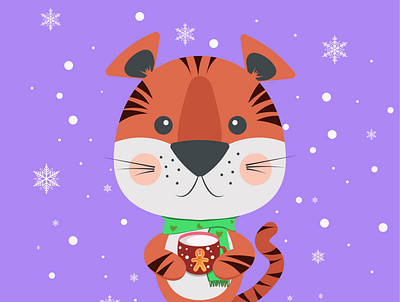 Creative banner with funny tiger. snowflake