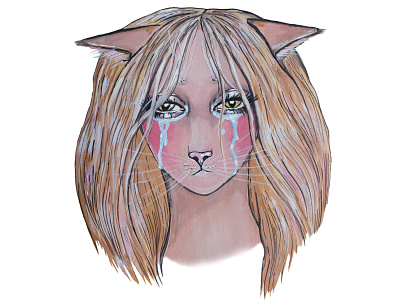 Crying cat woman catwoman character crying gouache hand drawn illustration mangaart