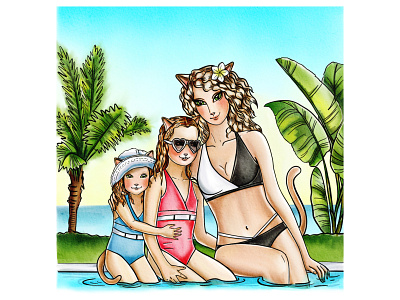 Summertime of cat's family android animal cat catwoman digital illustration family illustration palm tree procreate sea summer swimming swimming pool swimsuit watercolor