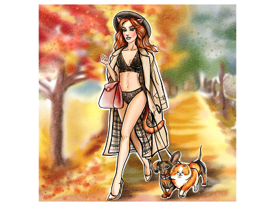 Catwoman. Character for lingerie brand autumn body cat catwoman character digital illustration digitalart dogs illustration lineart lingerie park postcard postcard design procreate red walking watercolor woman yellow