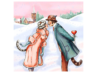 Winter warm kiss animal illustration blue cat catwoman character character design couple digital digital illustration holidays illustration kisses kissing love pink procreate snow watercolor winter