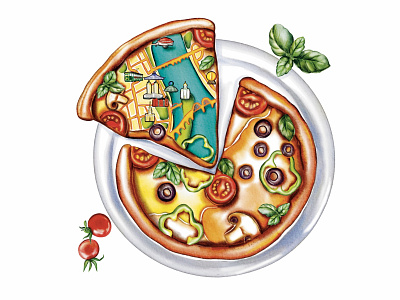 Pizza-map for pizza box. Map of Dnipro city box design colorful digital painting dnipro illustration map map view mapbox maps menu olive pizza pizza box pizza menu procreate tomato ukraine watercolor