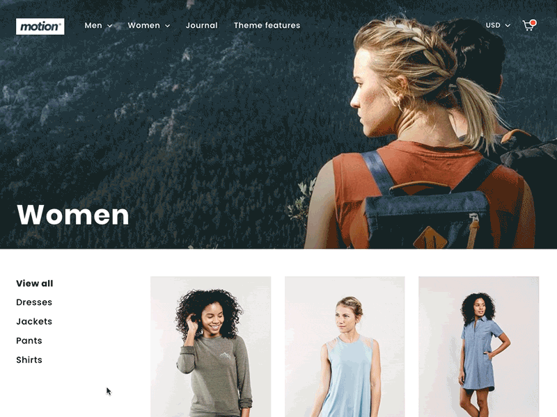 On-page filtering, preloaded images animation ecommerce minimal motion product shopify template theme transition typography video