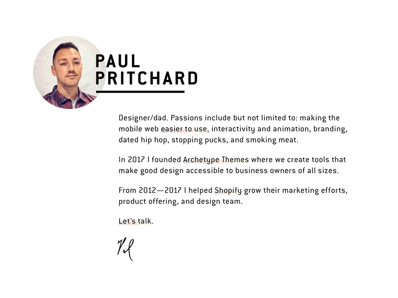 Paulpritchard.ca redesign animation bio css ecommerce minimal motion shopify template theme typography