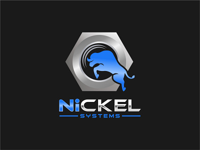 Nickel Systems animal logo black and white black background blue bull business concept geometic hexagon logo illustration literal logo modern logo strong