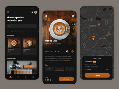 Coffee Shop App Dark Mode ux/ui application brown coffee app dark mode mobile app product design ui uiux ux