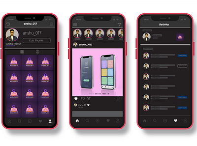 Dark Mode {on}-Instagram Dark adobe illustrator adobexd app design illustration instagram instagram drak minimal mobile mobile app mockups ui ux