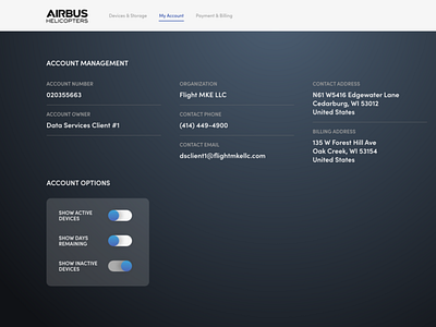 Airbus Portal dark dashboard flight settings slider toggle