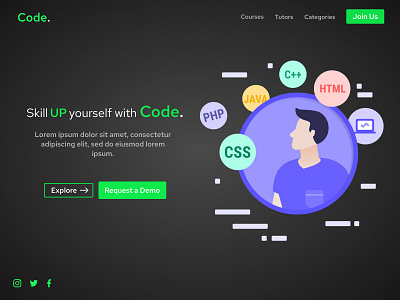 Code black branding dark dark theme design flat green landing page material minimal ui ux web