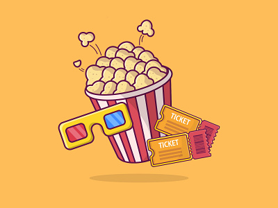 Popcorn Box, 3D Glasses And Cinema Tickets illustration. 3d glasses cinema cinema icons design flat design flat illustration icon illustration tickets ui vector