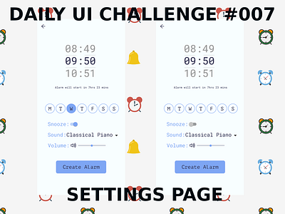 SETTINGS PAGE - DAILY UI CHALLENGE 007 alarm alarmclock beginner beginners dailyui dailyuichallenge design figma mobile settings settings page ui design