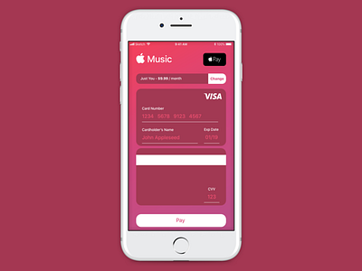 Credit Card Checkout - Apple Music app apple branding credit card credit card form credit card payment dailyui dailyui 002 dark flat ios iphone logo music musicapp pink red simple ui ux