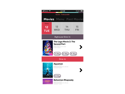 Movie Theatre app design flat ios iphone movie movie theater purple red simple ui ux