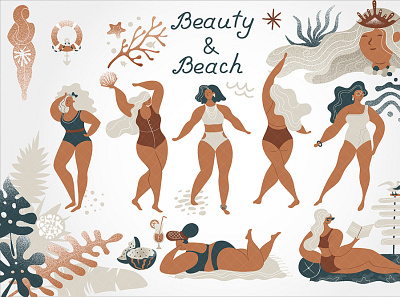 Beaty and Beach beach beach party beautiful beauty body positive character design element girl palm tree pattern summer template tropic tropical vector