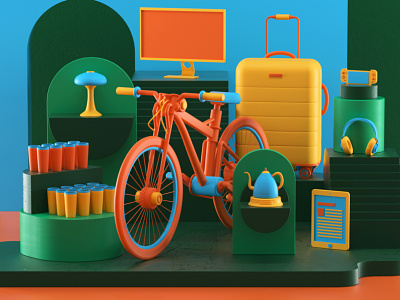 Wired - The Best Dorm Gear for Heading Back to College 3d 3dillustration artdirection balance bike colors design digitalart dorm editorial illustration equlibrium illustration illustrator kindle lamp modeling nintendo shapes tech wired