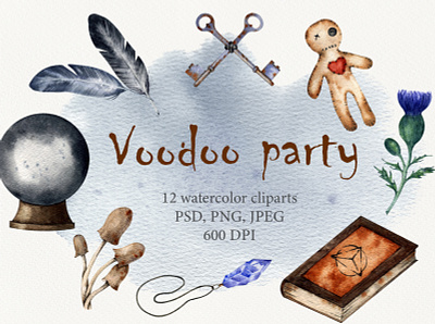 Voodoo party art black magic card decor design halloween halloween party illustration magic ball print voodoo voodoo doll watercolor witchcraft