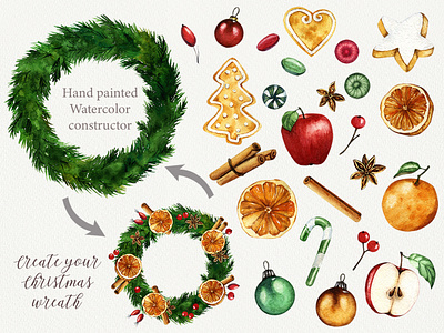 "Christmas wreath" watercolor constructor art candy christmas cookie decor design food fruit gingerbread illustration new year tasty watercolor winter