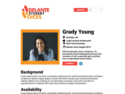 Mentor profile page for Adelante Student Voices equality findamentor hackathon mentorship profile page undocumented ux design