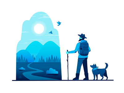 The beginning of a new journey 2d art abstraction animal bird blue dog forest illustration journey level man mountain nature people sun travel traveler travelling trip vector