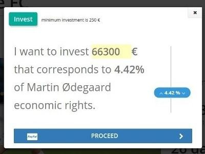 Football player investment modal with percentage scrollbar