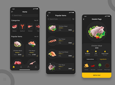 Meat Ordering and Meat Recipe App app design beef butcher chicken dark ui delivery app fishes food app food delivery app food delivery service illustration meat meat delivery app meat shop meat store meats restaurant app seafood ui uidesign