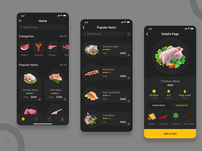 Meat Ordering and Meat Recipe App app design beef butcher chicken dark ui delivery app fishes food app food delivery app food delivery service illustration meat meat delivery app meat shop meat store meats restaurant app seafood ui uidesign