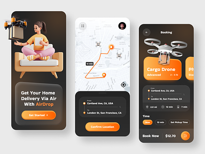 Drone Delivery App - Uplabs Challenge app app concept app design courier delivery delivery app design drone drone app drones graphic design graphics design logistics mobile app mobile application order quadcopter tracking tracking app ui