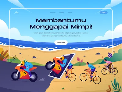 Motivation Landing Page Exploration beach bike color design dream gradient illustration kids landing page mandalika motivation motogp race racer sand ui ux web website