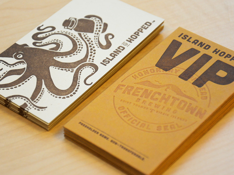 Frenchtown Brewing VIP Cards duplex emboss french paper letterpress growler octopus beer frenchtown brewing virgin islands business card