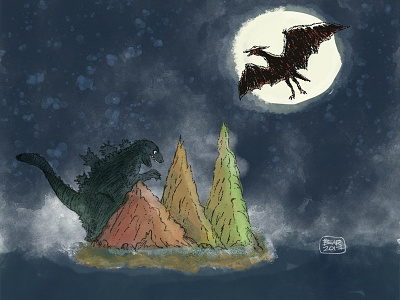 Moonlight Showdown drawing godzilla illustration kaiju monsters rodan