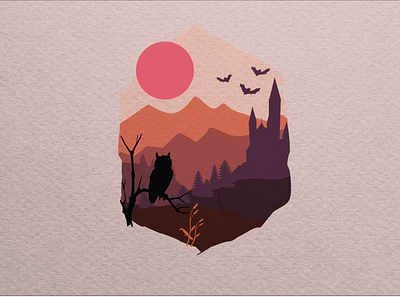 Spooky Sunset castle fall halloween illustration landscape owl sunset vector