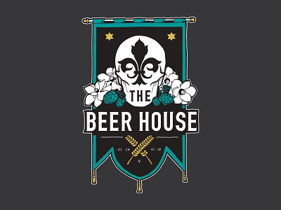 The Beer House Identity banner barley branding brewery design fleur de lis flower hops illustration logo magnolia skull typography