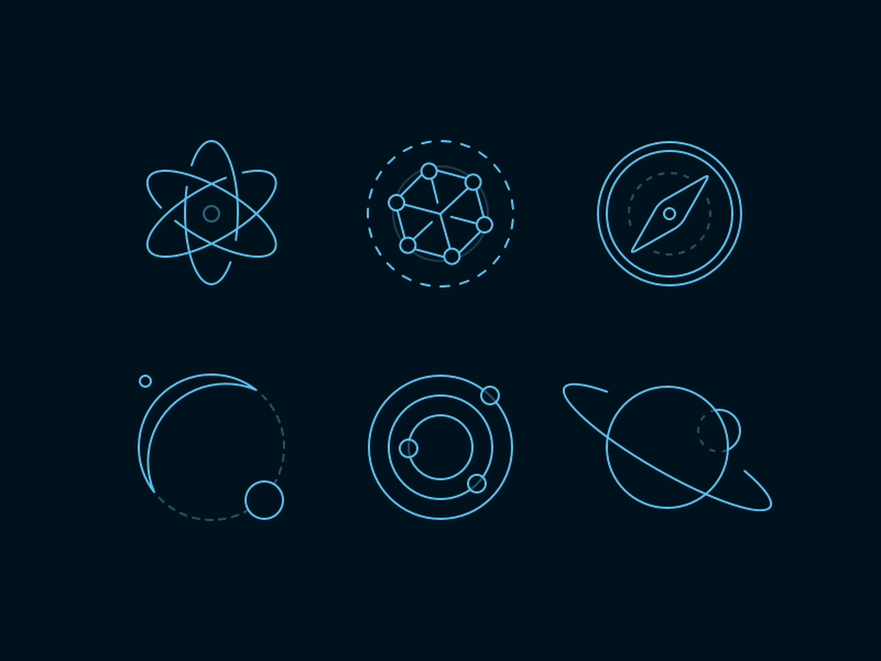 Science icons animation atom compass icons outline planets saturn science space