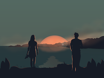 Romantic sunset beach couple dark design flat flowers illustration mountains ocean people sun sunrise sunset water