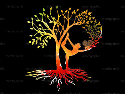 Yoga with tree, music &  bird illustration