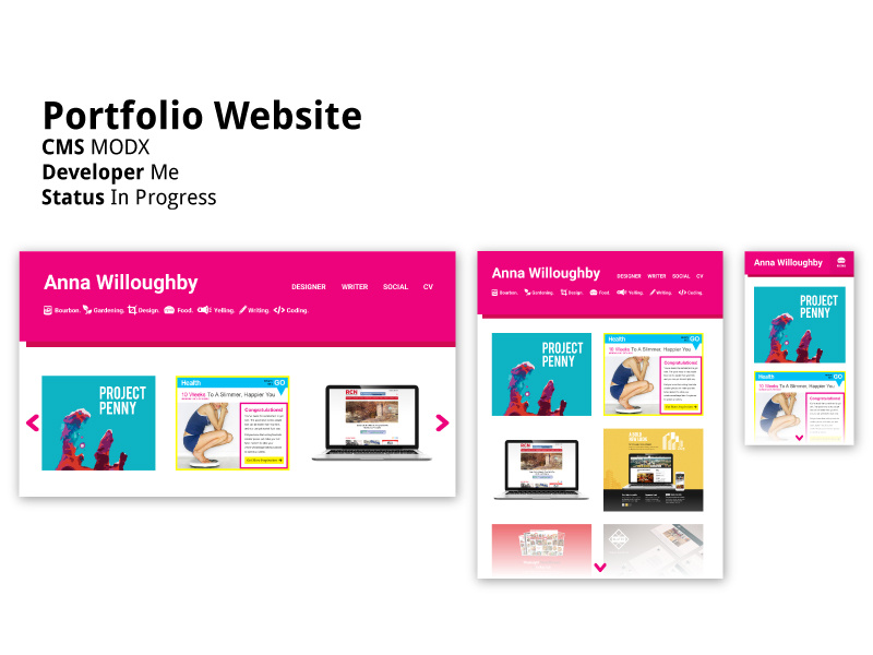 @happybana Portfolio Website responsive minimal bold magenta pink webdev designer developer modx