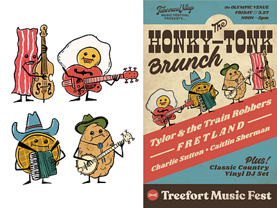 Honky-Tonk Brunch accordian adobe illustrator apple pencil bacon banjo breakfast character design cowboy hat egg electric guitar gig poster honky tonk illustration poster design potato procreate stand up bass treefort waffle