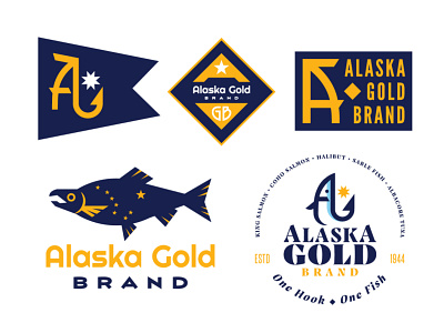 Alaska Gold Brand alaska alaska flag big dipper brand commercial fishing diamond fish hook fish logo gold and blue letter mark logodesign north star rebrand salmon sitka typography