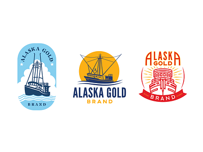 Golden Alaska Ships alaska alaska logo badge design boat boat logo branding commercial fisherman fisherman fishing boat illustration logo design rebranding salmon ship sitka trawler vector