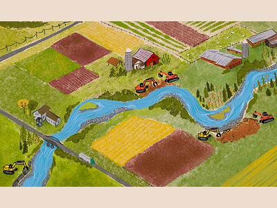 River Farmland aerial view animation construction crops farmland fields illustration levee procreate river river valley sheep style frame texture