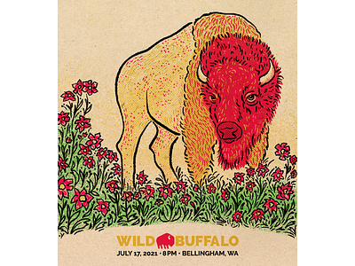 Bison in the Posies bellingham bison buffalo digital flower gig poster halftone illustration indie rock posies procreate raster texture